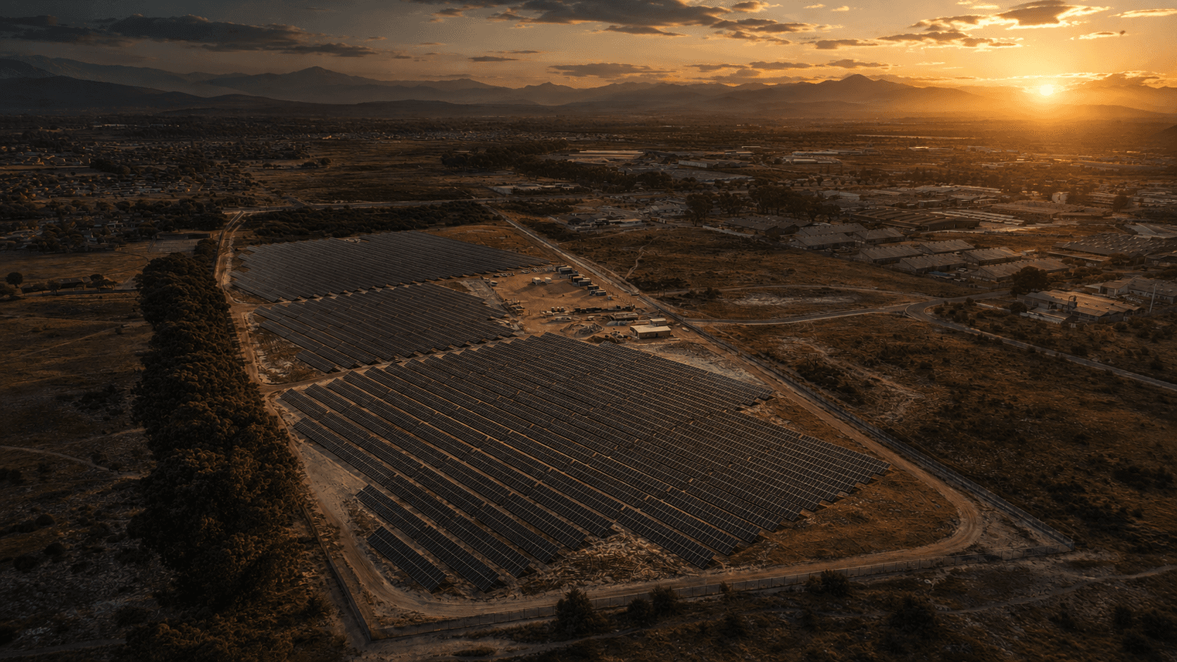 Utility-scale solar farm at sunrise